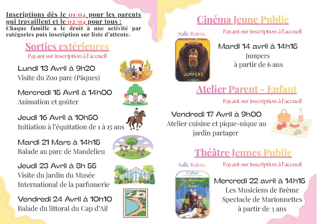 Programme Vacances Avril familles MJC Raguin Cannes la Bocca